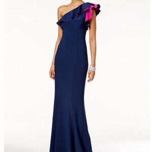NEW XSCAPE one shoulder dress gown maxi formal ruffle evening party blue pink 12